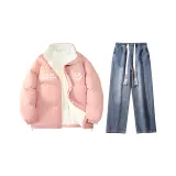 Комплект одежды (Сказка Розовый, утолщенный с подкладкой из шерпа + Темно-синий, вымытые джинсы)