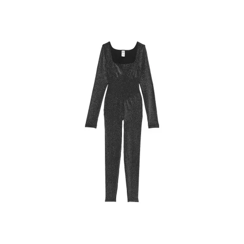 Victoria's Secret Розовый Long Sleeve Square Neck Onesie Чисто черный Bling Комбинезон Женские Чисто черный Яркий
