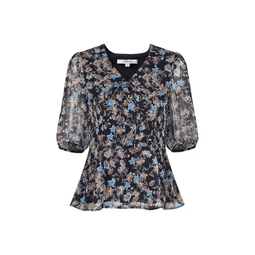 JZ. ANNAKRO Шифон Рубашка Женская Цветочный Темно-Синий