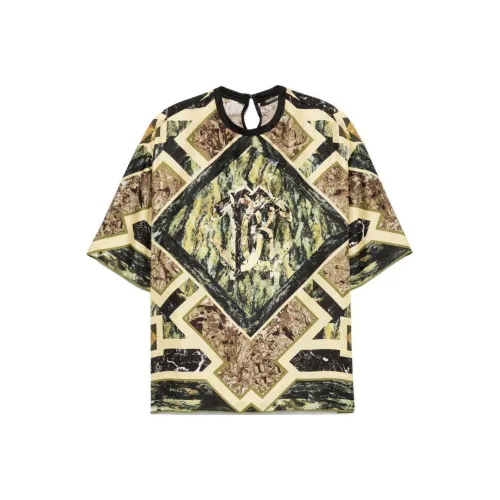 Roberto Cavalli Большой Регион Мраморный Принт Спущенное плечо Короткий рукав Т-рубашка Женская Оливково-зеленая