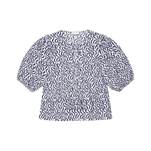 GANNI Печатный Хлопок Пышный Блюз Рубашка Женская Белый EGRET