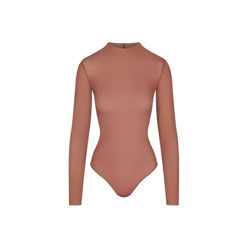 SKIMS Milky Прозрачный Средний воротник Длинный рукав Комбинезон Bodysuit Женские Коньячный цвет Коньячный цвет