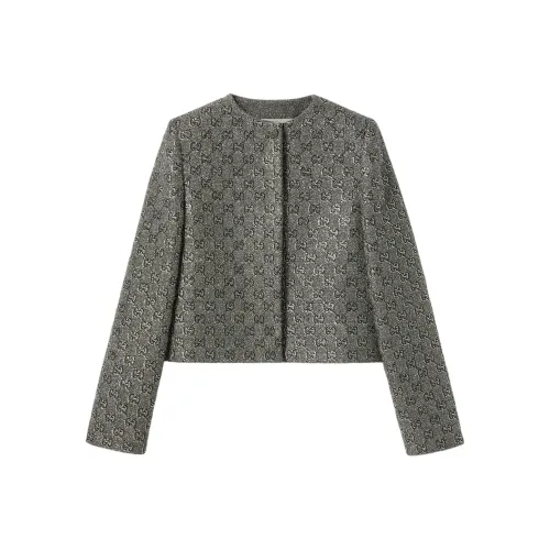 GUCCI Вышитый GG Шерсть Твид Куртка Куртки и Пальто Женские Светло-Серый