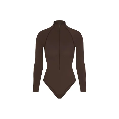 SKIMS Бесшовный Sculpt ZIP Передний Длинный Рукав Стринг Комбинезон Bodysuit Женский Эспрессо Темно-Кофейный Цвет