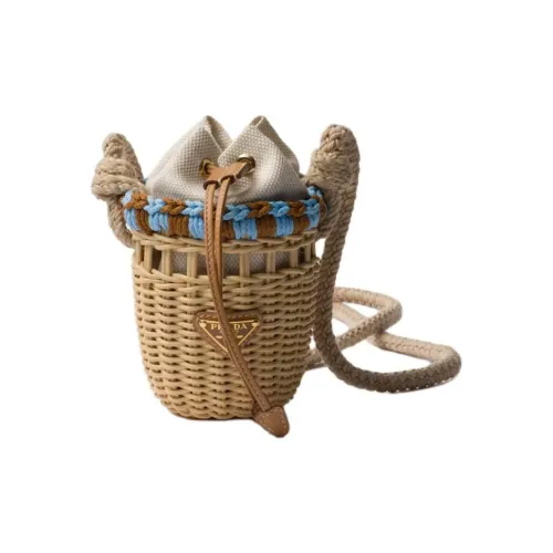 PRADA Сумка-ведро из соломенной плетени сумка через плечо мини женская естественный цвет и светло-синий