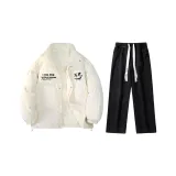 Комплект одежды (Айвори Белый, утолщенный и с подкладкой из шерпы + Черные джинсы с эффектом вымытого)