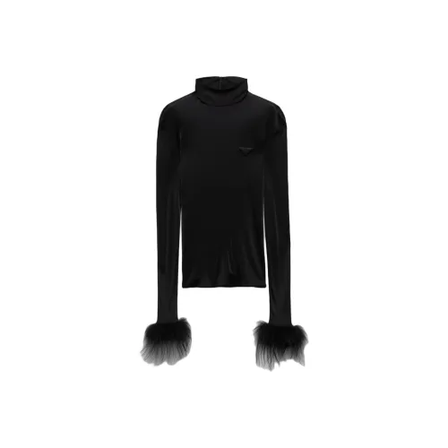 PRADA Логотип Значок Водолазка Облегающий крой Длинный рукав Т-рубашка Женская Черная