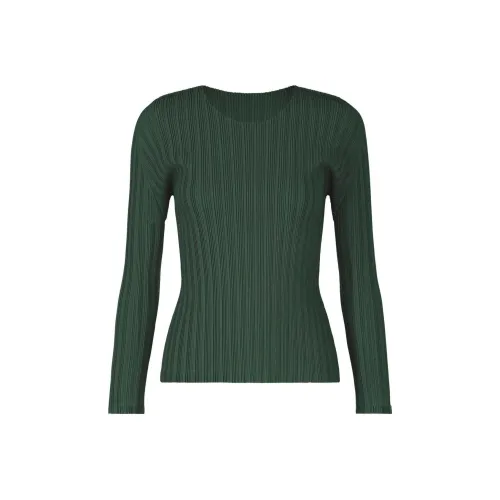 PLEATS PLEASE ISSEY MIYAKE Однотонный Круглый вырез Плиссированный Пуловер Длинный рукав Трикотаж Женский Оливково-зеленый
