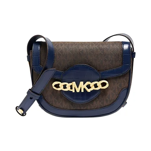 MICHAEL KORS Hally Искусственная кожа Седло Сумка Сумка через плечо Сумка среднего размера Женская Темно-коричневый и Морской синий