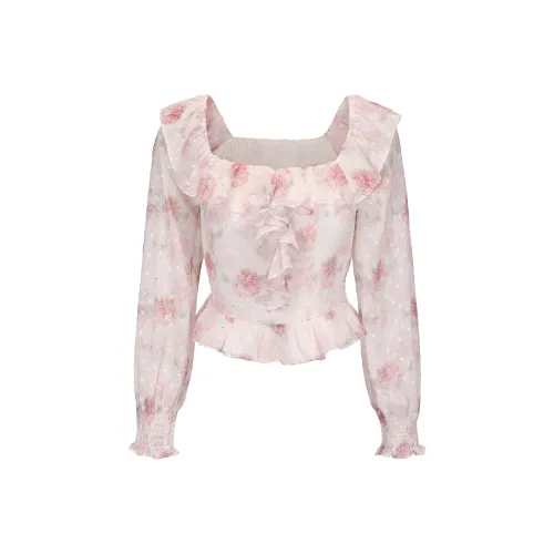 CHIWAWAMEME Шифон Рубашка Женская Вишневый Цветок Розовый