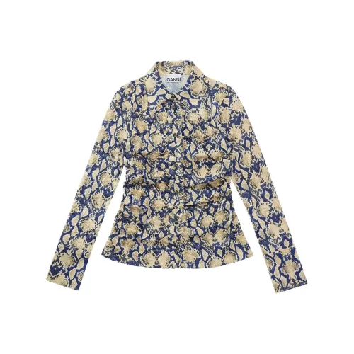 GANNI FW23 Змеиная кожа Печатный Тканый Сатиновая Облегающая Рубашка Женская Желтая