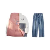 Комплект одежды (Розовый двусторонний пуховик + винтажные синие джинсы)