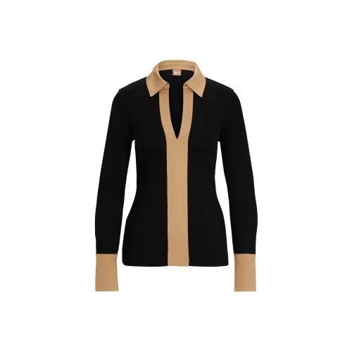 Hugo Boss Ткань в рубчик Длинный рукав Блоуз с воротником Джонни Рубашка Женская Черная