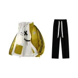 Хлопковый пуховик комплект (Запутанный Желтый Хлопковый пуховик + Черные Флисовые Повседневные Штаны)