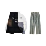 Комплект одежды (Черный двусторонний пуховик + Желтые грязные джинсы)