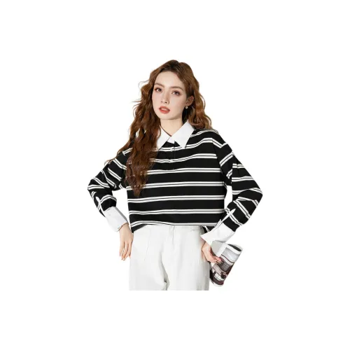 FAWENXIANGZI Поло Женское Черное Белое Полосы