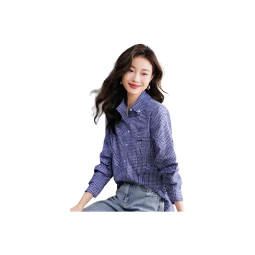 Love Elaine Весенний Осенний Рубашка Женская Синяя Клетка