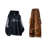 Чёрный с капюшоном + хаки карго штаны