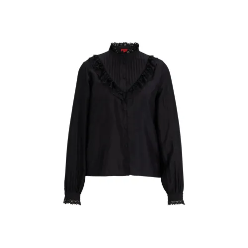 Hugo Boss Регулярный крой БЛУЗА с кружевными отделками и складками Рубашка Женская Черная