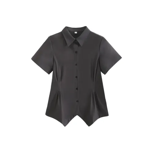 SHENBEI JK Серый с утяжкой на талии, короткий рукав + темно-ночной галстук, женские рубашки