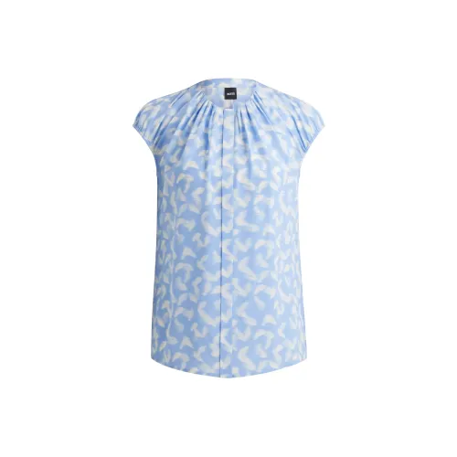 Hugo Boss Рубашка с короткими рукавами и без воротника в принте шелковая женская светло-синяя