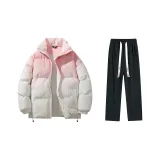 Комплект одежды (Розовый хлопковый пуховик + штаны с флисовой подкладкой, черные)