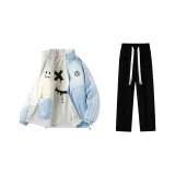 Хлопковый пуховик комплект (Ледниково-синий хлопковый пуховик + черные штаны с флисовой подкладкой)