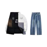 Комплект одежды (Черный двусторонний хлопковый пуховик + винтажные синие джинсы)