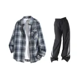 Светло-синие клетчатые штаны + черные штаны