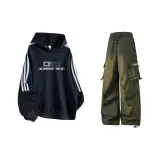 Чёрный с капюшоном + армейский зелёный карго штаны