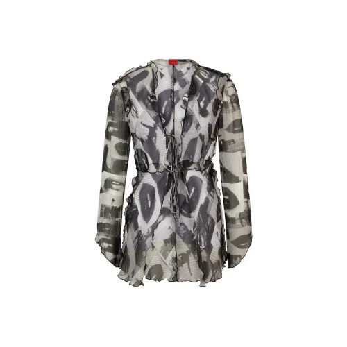 Hugo Boss Обычный крой Блуза В принте Шифон с Галстуком Передняя часть Рубашка Женская Серый