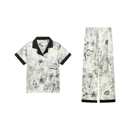 Sleep Pajama Set Women's Black White Butterfly