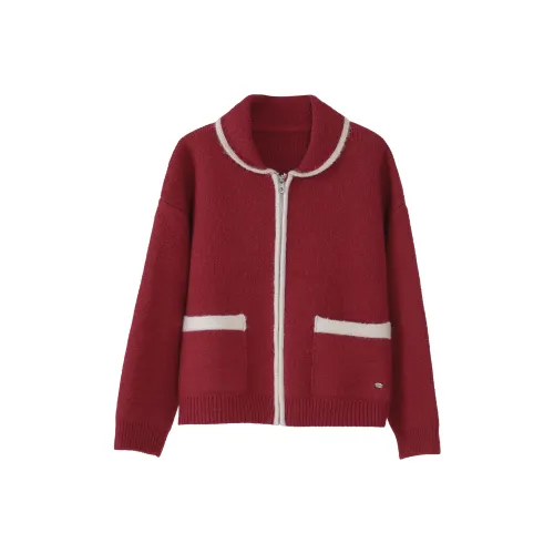 Fstudio Корейский стиль Маленький Кардиган Отложной воротник Длинный рукав Трикотаж Женский Красный