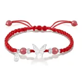 Браслет из клубничного кварца, стиль - шелк, нить, танцующая бабочка