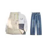 Комплект одежды (Хаки Двусторонняя Пуховая куртка + Винтажные синие джинсы)