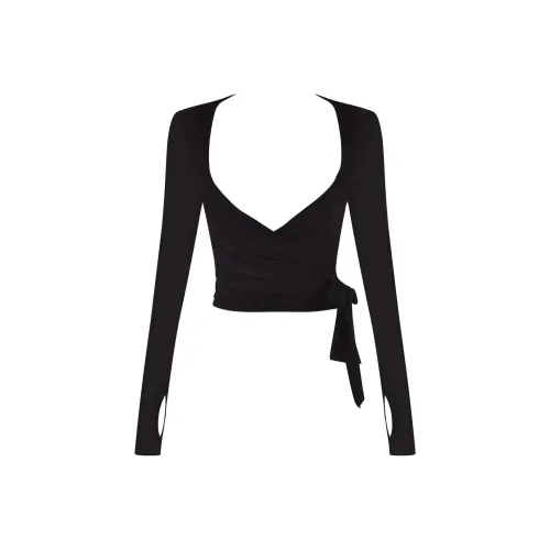 I.AM.GIA MANDY Топ Soft Трикотажная ткань Облегающий крой V-образный вырез Длинный рукав с оборками на плече Рубашка Женская Черная