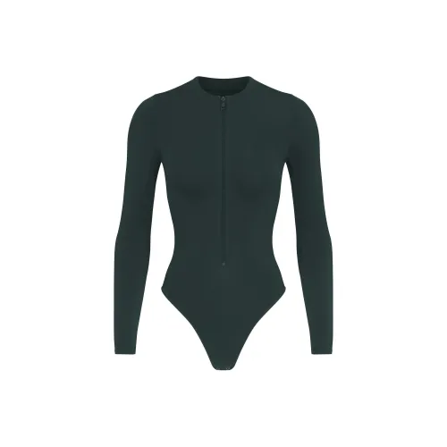 SKIMS FW24 Мягкий Сглаживающий Бесшовный Комбинезон с Длинным Рукавом для Женщин Кипарис Кипарисовый Зеленый
