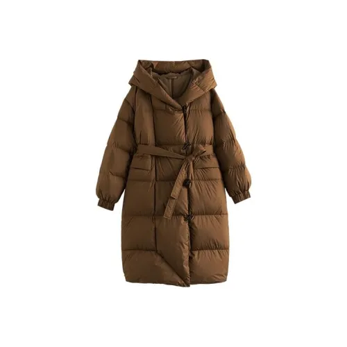 Solitary Однотонный С капюшоном LONG DOWN JACKET Женские Туманный Чайный коричневый