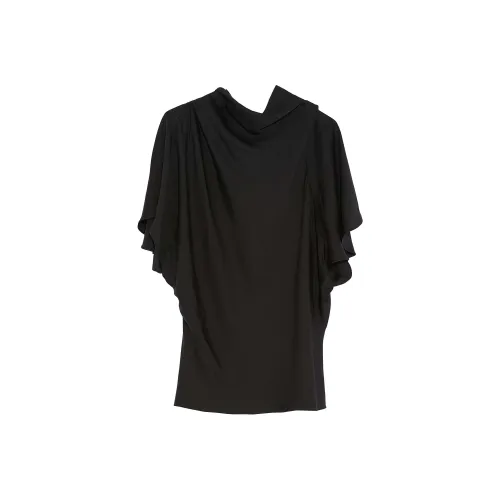 Yves Salomon Однотонный Пуловер с Флиповым Круглым вырезом и Короткими рукавами Женская Рубашка Черного цвета