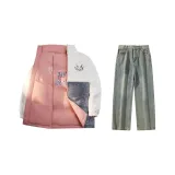 Комплект одежды (Розовый двусторонний пуховик + Желтые джинсы с эффектом грязи)