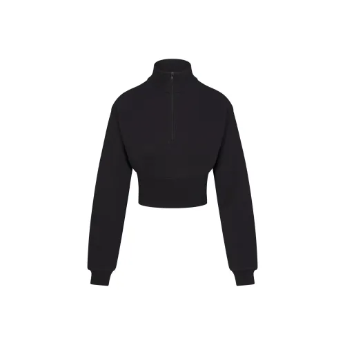 SKIMS Cotton Fleece Cropped Half-Zip Pullover Sweatshirt Women's Onyx Onyx SKIMS Хлопок Флис Укороченный Полузастежка Пуловер Толстовка Женские Оникс Оникс
