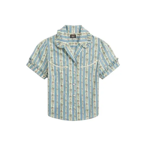 DOUBLE RL Цветочный Хлопок Галстук Спина Блузка Рубашка Женская Синяя