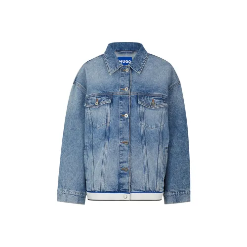 HUGO BOSS OVERSIZED Фит Деним Куртка с Логотипом Лента Подол Куртки Пальто Женские Синий