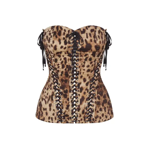 SKIMS x DOLCE GABBANA FW24 Шелковый кружевной корсет без бретелек топ женский леопард леопардовый принт
