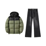 Армейский зеленый пуховик + черные джинсы