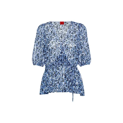 Hugo Boss Укороченный рукав цветочный принт топ-обхват с поясом рубашка женский синий