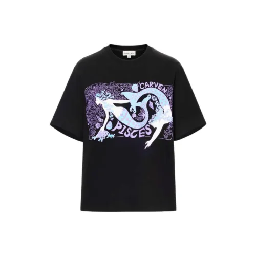 carven 100% хлопок Комикс Позиционирование стиля Рыбы Принт Короткий рукав Круглый вырез Рубашка T Рубашка Женская Черная