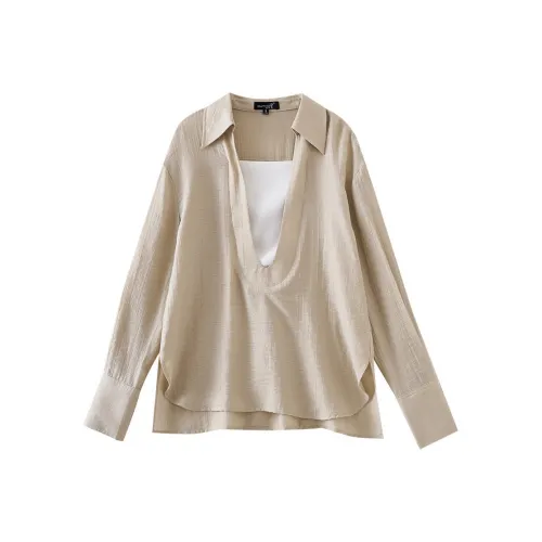 OUNIXUE Шифон Рубашка Женская Темно-Бежевая