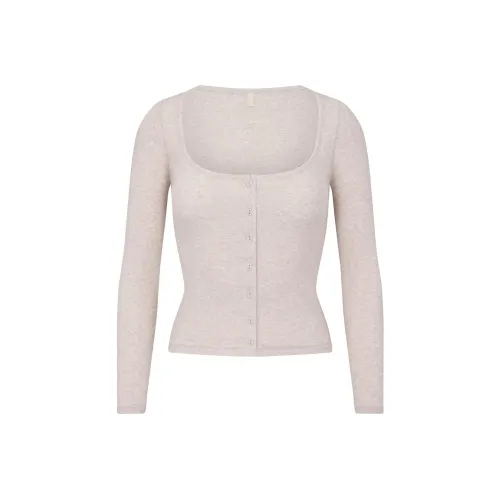 SKIMS Праздничная коллекция FW24 Хлопок Ткань в рубчик Длинный рукав Пуговица Вверх Трикотаж Женский Вереск Овсянка Вереск Овсянка