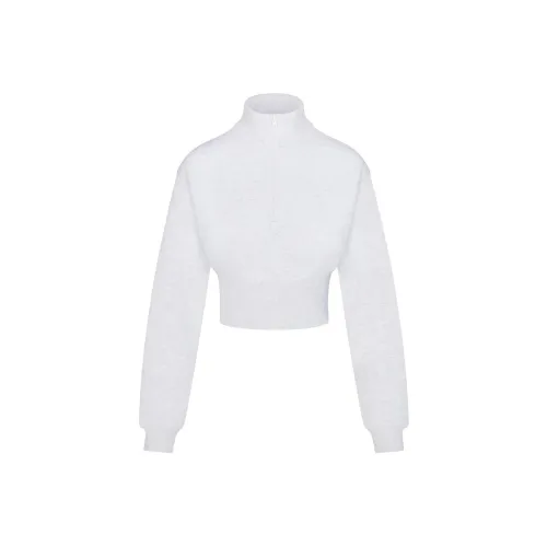 SKIMS Хлопок Флис Укороченный Полузастежка Пуловер Толстовка Женские Меланжевый GREY Светлый Фотиния Серый